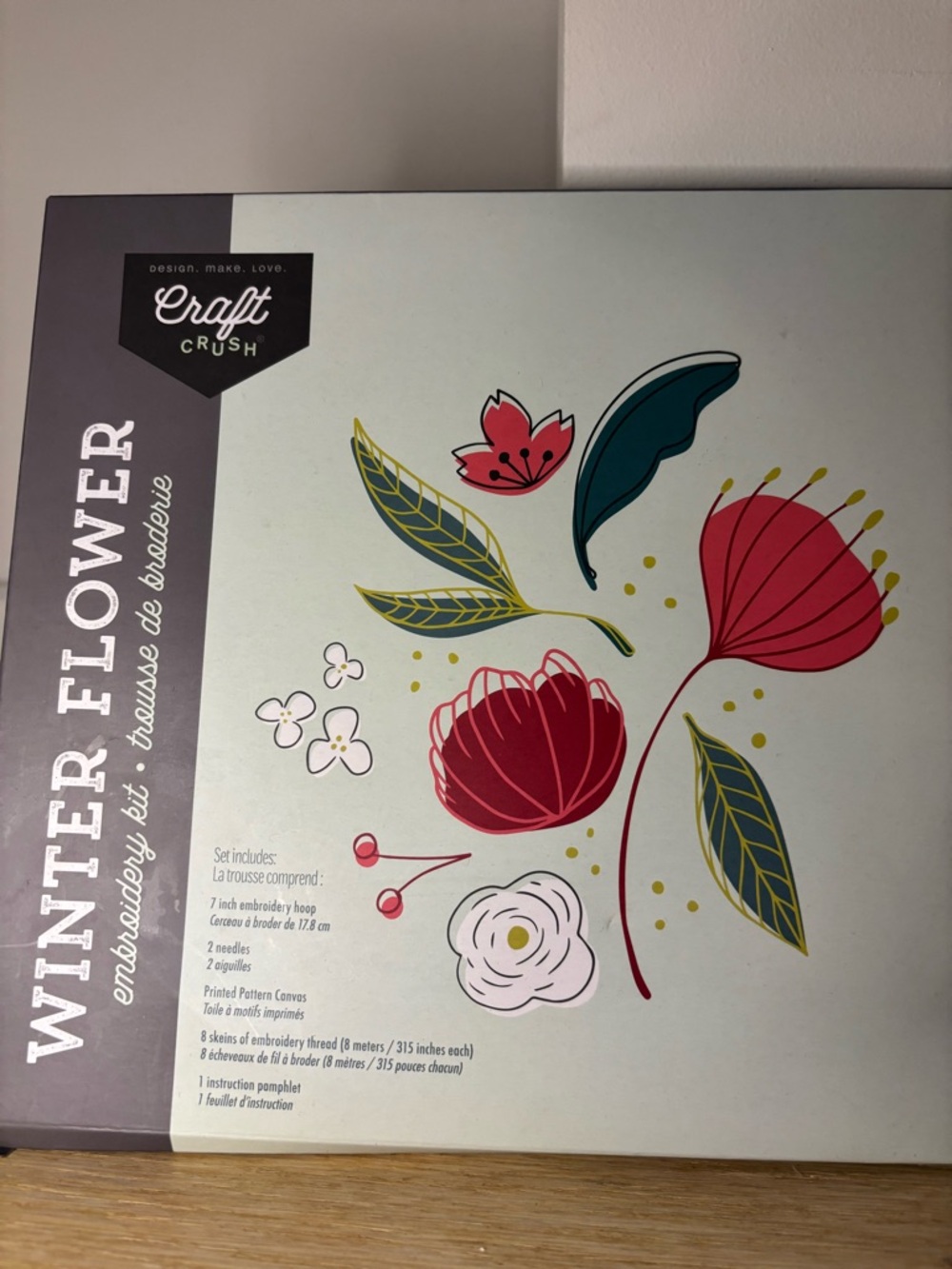 Winter Flower Embroidery Kit - Teal, Red, Green